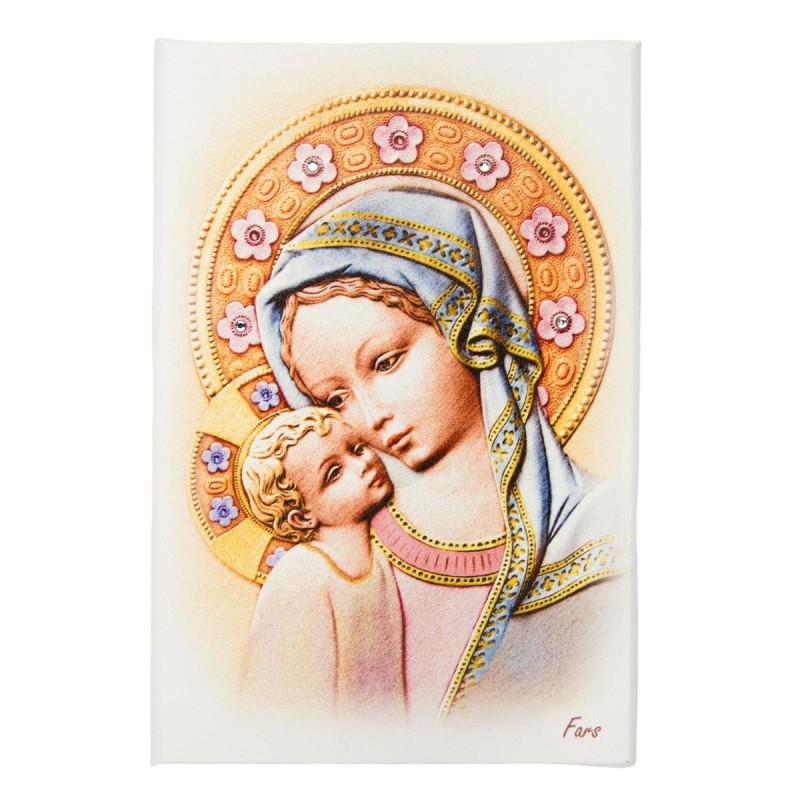 Cadre en résine à suspendre ou poser H. 15 x 10 cm, image sérigraphiée avec strass de la Vierge à l'enfant couronnée.